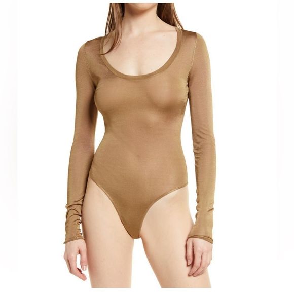 GOOD AMERICAN Scoop Neck Sheer Bodysuit, Pale Gold, Size 5 (2XL), NWT - Picture 1 of 6